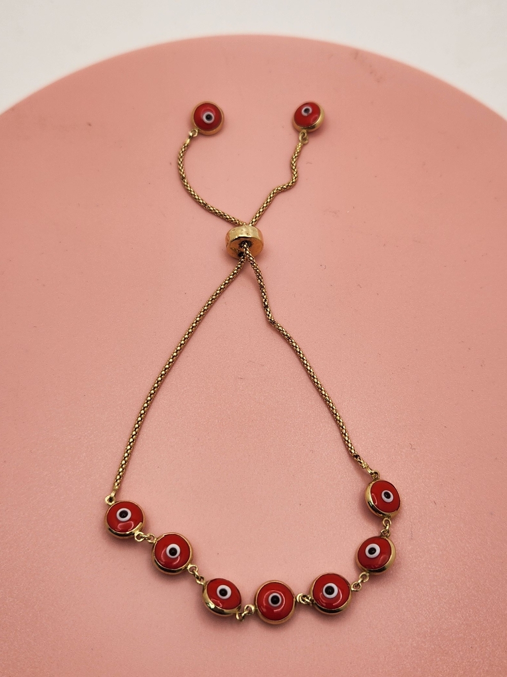14k Solid Gold Red Greek Turkish Evil Eye Adjustable Drawstring Bracelet 4.1